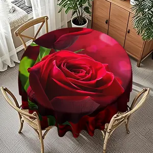 1 Piece Bright Red Double Rose & Heart Light Spot Soft Mist Romantic Theme Round Tablecloth, Suitable for Valentine's Day Two-Person Intimate Dinner