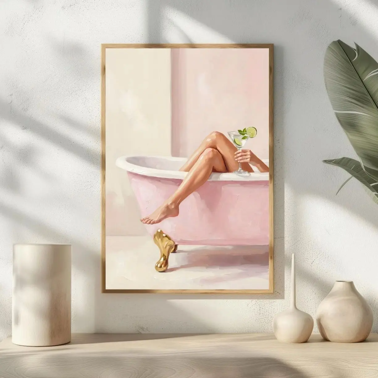 Pink Bathtub Martini Wall Art, Preppy Bathroom Decor, Coquette Self Care Poster | Frameless Poster D