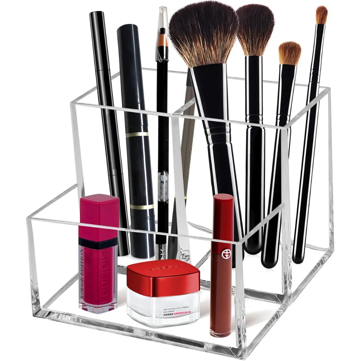 Clear Acrylic Makeup Brush Organizer,Multi-Purpose Cosmetic Brushes Storage Holder with 3 Slots,Pencil Pen Holder for Desk,Desk Organizer and Accessories for Vanity