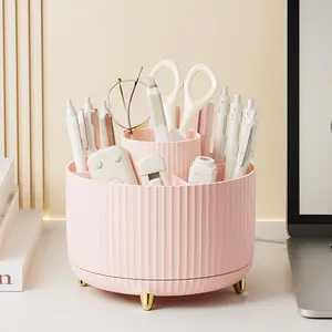 360° Rotating Makeup Organizer 5 Compartments Luxury Stripe Cosmetic Brush Holder Multi-functional Desktop Storage Box for Brushes Lipstick Skincare Jewelry Stationery