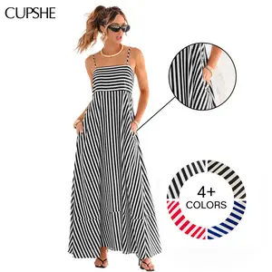 CUPSHE 【Valentine's Day】 Waist Striped Maxi Dress: Viral Flattering Square Neck Sundress for Beach Vacation & Resort Wear (Size XS-XXL)