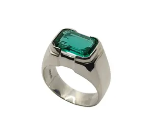 Emerald Cut Deep Green Created Emerald Men Elegant Ring Sterling Silver 925 Handmade Zamurd Square Plain Ring
