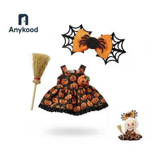 Labubu Doll Clothes Halloween Pumpkin Dress with Spider Hair Clip & Magic Broom for 15–17cm Doll