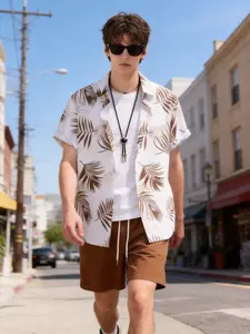 Men's Stylish Brown Short-Sleeve Shirt Set, Handsome High-Quality Top and Shorts, Tasteful Festival Gift Matching Menswear Outfit Casual Clothes Formal Tropical Shortsleeve