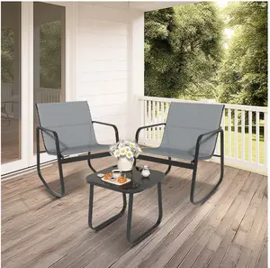 Uforic 3 Pieces Outdoor Patio Conversation Set, Textilene Patio Bistro Set with Coffee Table, Modern Rocking Bistro Chair - Gray