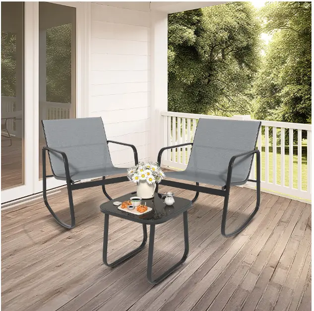 Uforic 3 Pieces Outdoor Patio Conversation Set, Textilene Patio Bistro Set with Coffee Table, Modern Rocking Bistro Chair - Gray