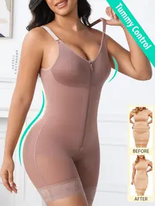 Luxe Curve 1 Counts Women's Plain Contrast Lace Zipper Front Shapewear Romper with Detachable Adjustable Strap Design, Adjustable Hook & Eye Closure Bodysuit, High Waisted Tummy Control Shapewear Jumpsuit for Daily Wear,Fajas,Suitable for Gym,Sport,Yoga