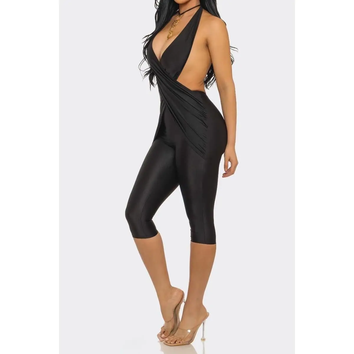 Deep V Halter Gold Chain Capri Jumpsuit