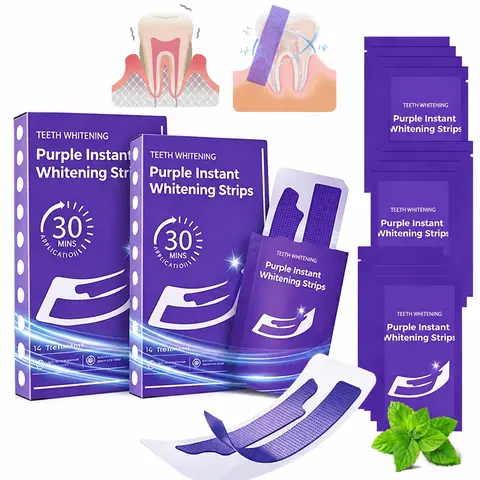 Peroxide-Free Purple Teeth Whitening Strips Kit, 28-Count (14 Treatments) - Peppermint, Mild, Gentle, Daily Brightening, Enamel-Safe for Sensitive Teeth, Removes Yellow, Coffee, Wine, Smoking Stains
