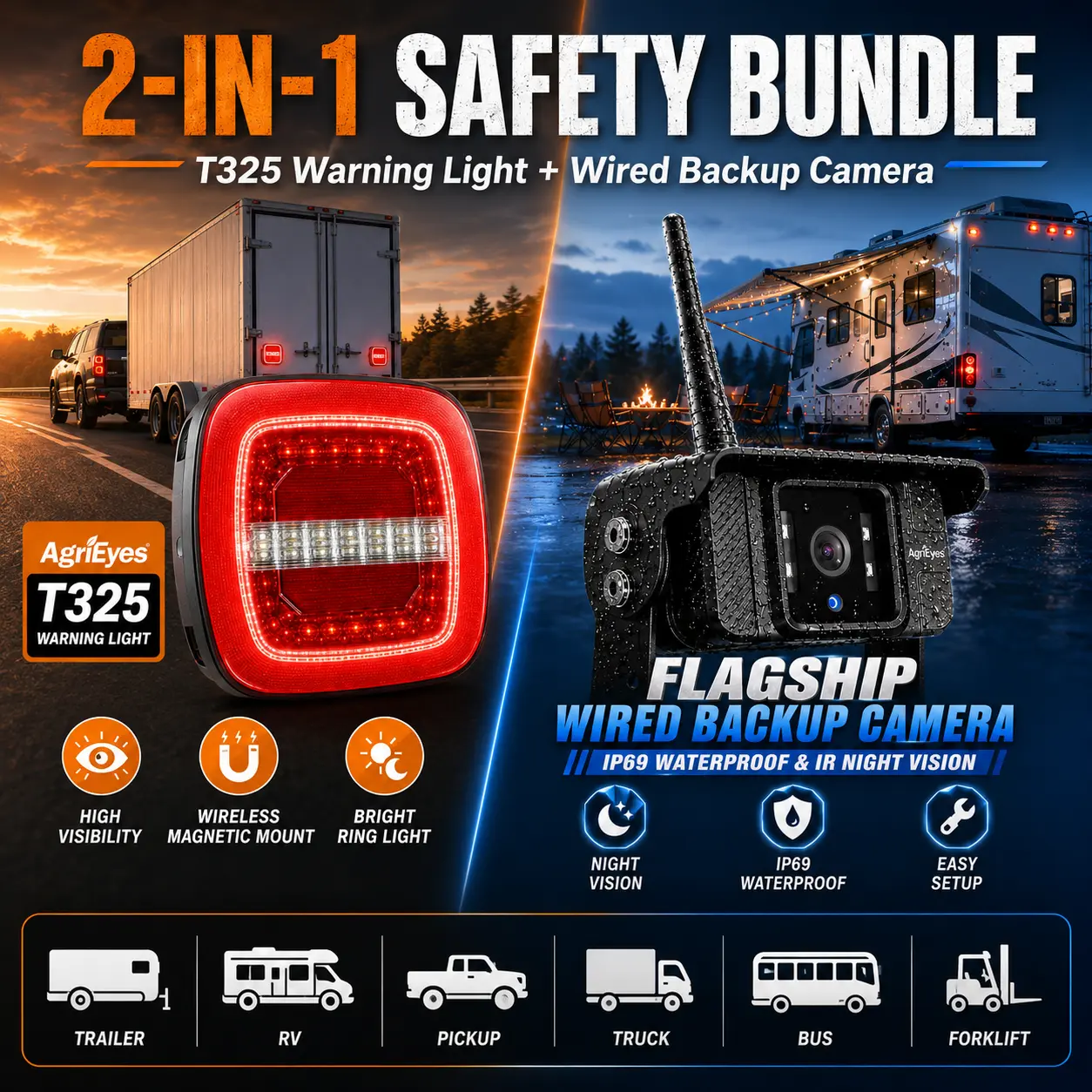 AgriEyes Wireless Trailer Light & Wired Backup Camera Bundle - T325 Magnetic LED Safety Alert Light, HD Reverse Camera with Magnetic Fit, Wireless Mount for Truck/RV