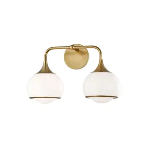 Reese 2-Light Vanity Light with Glossy Opal Shades in Aged Brass, Old Bronze, or Polished Nickel