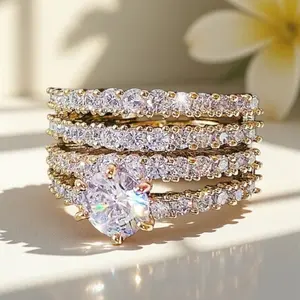 2 pieces/set bridal wedding rings Golden with 6 prongs set ,cubic zirconia ,couples ring sets, ring for couple,stackable ring,engagement rings,rings for women,ring formen