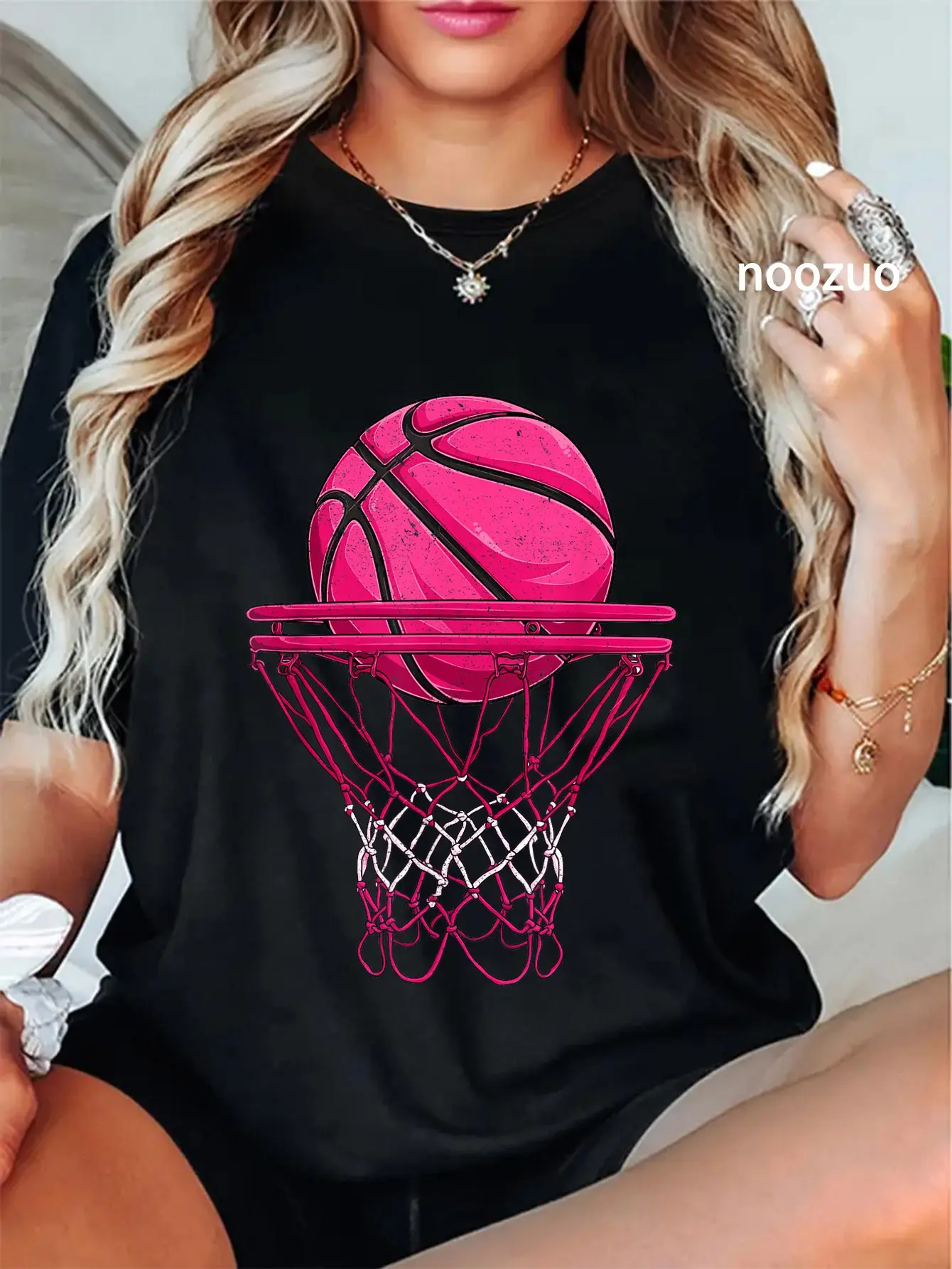 Women's 100% Cotton Washed Short-Sleeve Round Neck Graphic T-Shirt - Vintage Pink Basketball Print, Loose-Fitting, Wide Range of Sizes, Everyday Streetwear
