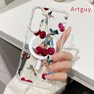 Cherry Embroidered Beauty Pattern Magnetic Phone Case for  Samsung Galaxy S23 Ultra S24 Plus FE S25 S22+ Non-Yellowing Clear Crystal Drop-proof Slim Silicone Shockproof Transparent Acrylic Large Hole Cover Supports Wireless Charging