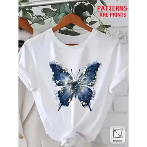 -Ocean Wave Butterfly Pearl Print Artistic Short Sleeve T-Shirt |   Women'S  Top Comfy Chic , Crew Neck, Medium Stretch Fabric, Pop Art Pattern, Elegant Style, Spring/Fall Season Essential