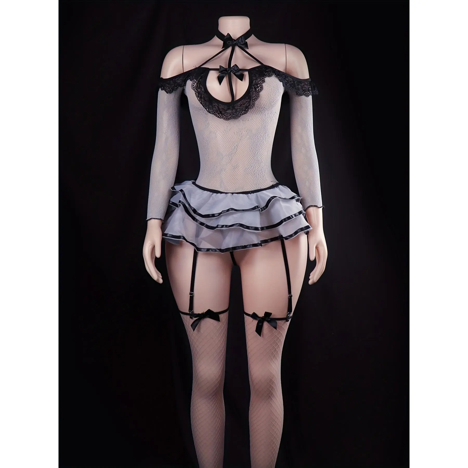 Sheer Mesh Lingerie Set - Open-Crotch Bodysuit, Thong & Garter Stockings