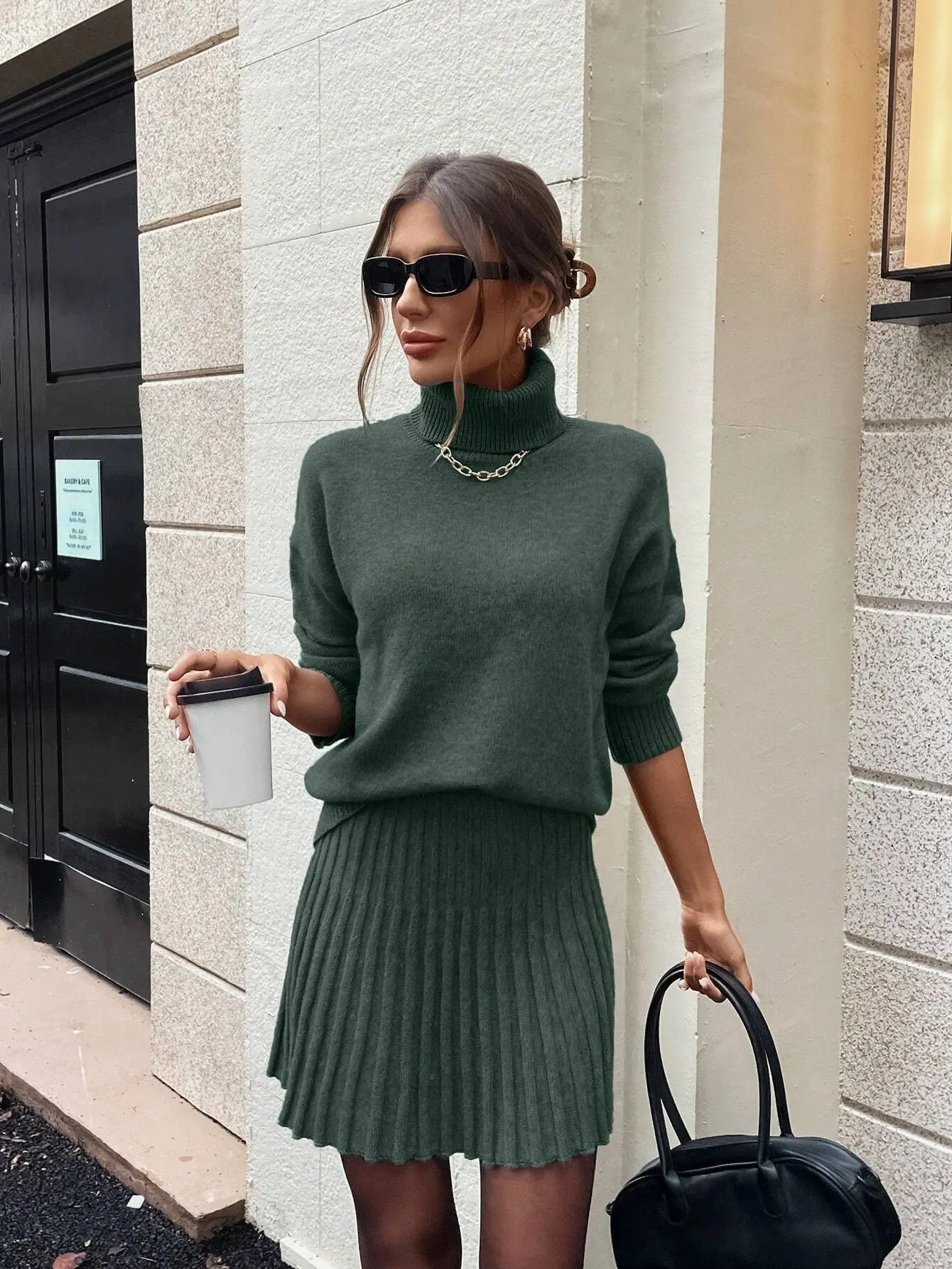 Women's Chic Plain 2-Piece Set, Soft Merino Wool Knitwear for Winter Elegance with High Neck Pullover and Skirt