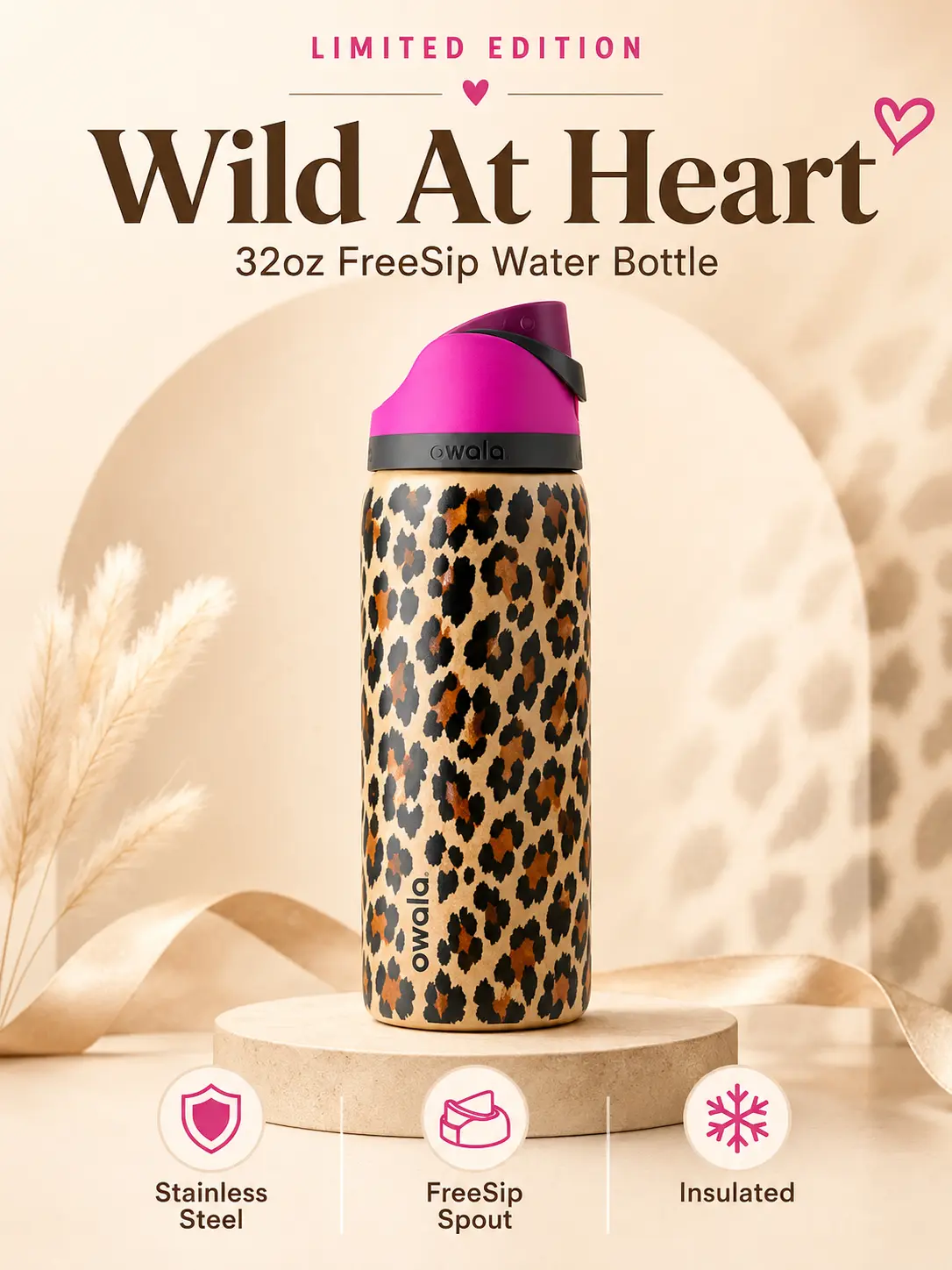Owala FreeSip 32oz “Wild At Heart” – Limited Edition Leopard Print Water Bottle with Vibrant Pink Lid