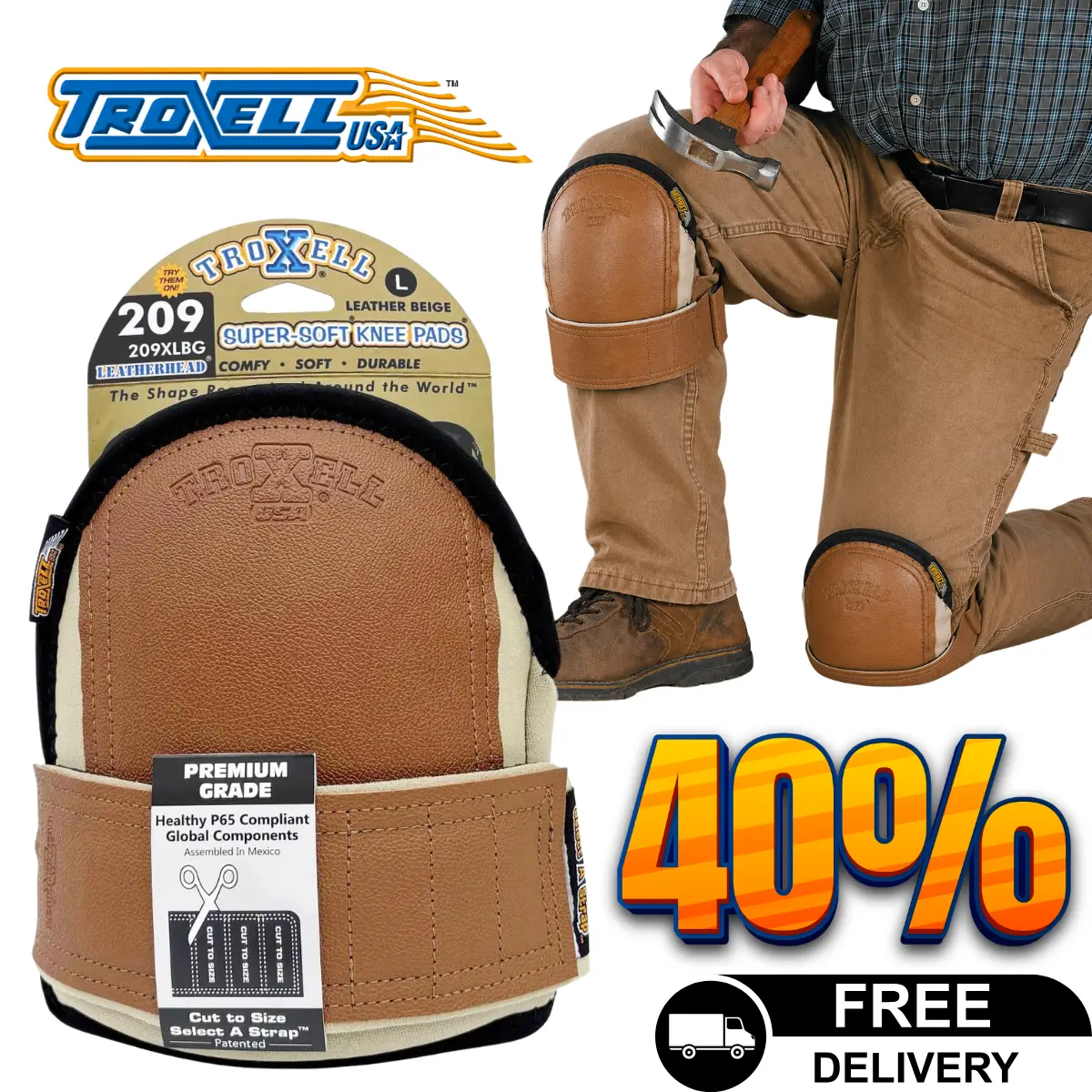 TROXELL USA SuperSoft Leatherhead Work Safety Kneepads - Large Size, Bagged in Pairs, for Home Improvement, Security Tasks
