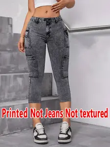 Women's Fitted Jeans Style Pants, Printed Non-Denim Fabric, Natural Waist Seven-Inch Leggings, All Season Wearable Bottoms