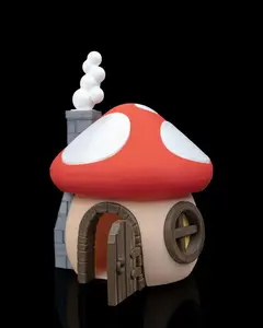 Fungi Cottage Mushroom House - 3D Printed Whimsical Fairy Home & Toadstool Decor Shelf Ornaments with Textured Caps & Stone Accents