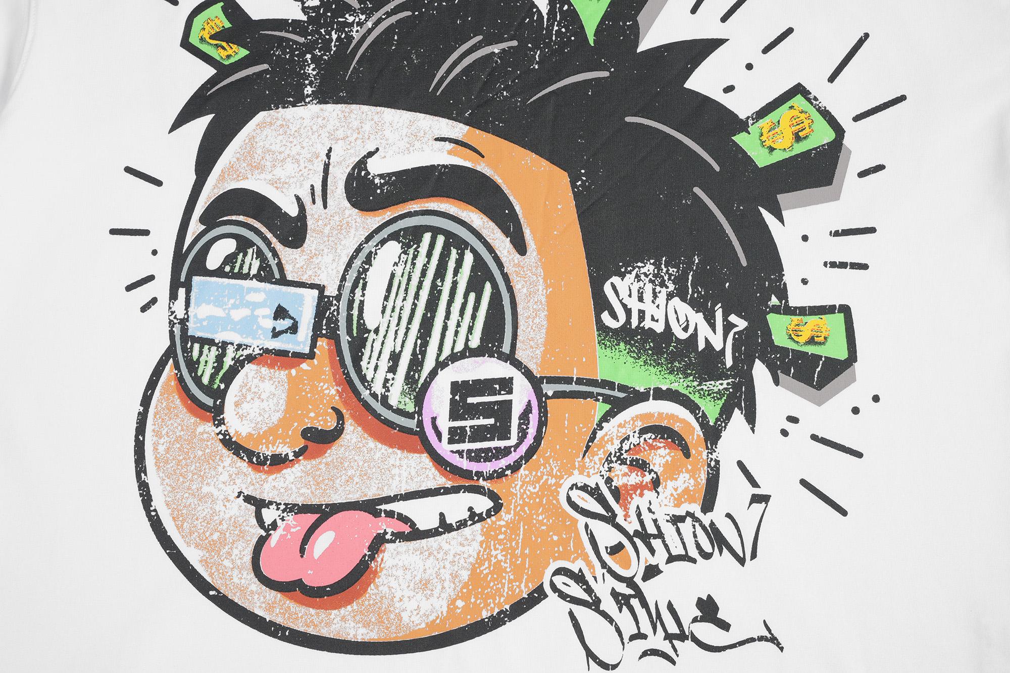 100% Cotton Tee, Rhinestones Casual Over-sized Money Cartoon Graphic T-Shirt Men Streetwear Hip Hop Top