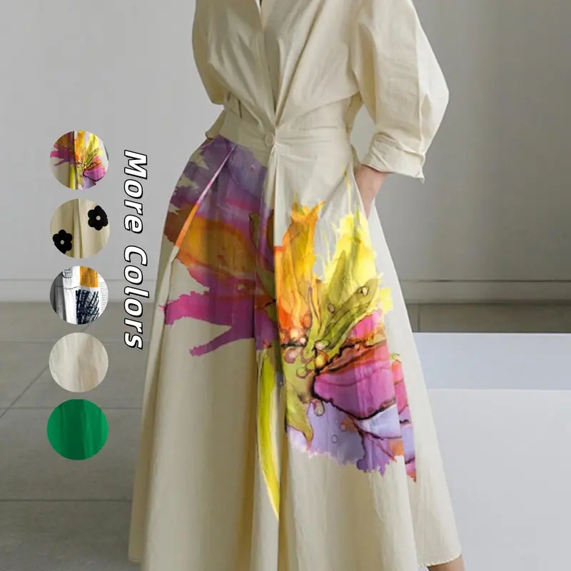 Women's Floral Print Flower Dress, Casual Long Sleeve Woven Dress for Summer, Fashion Women's Dress for Daily Wear, Womenswear, Casual Chic Dress, Casual Loose Dress, Casual Dresses, Flowy Dresses