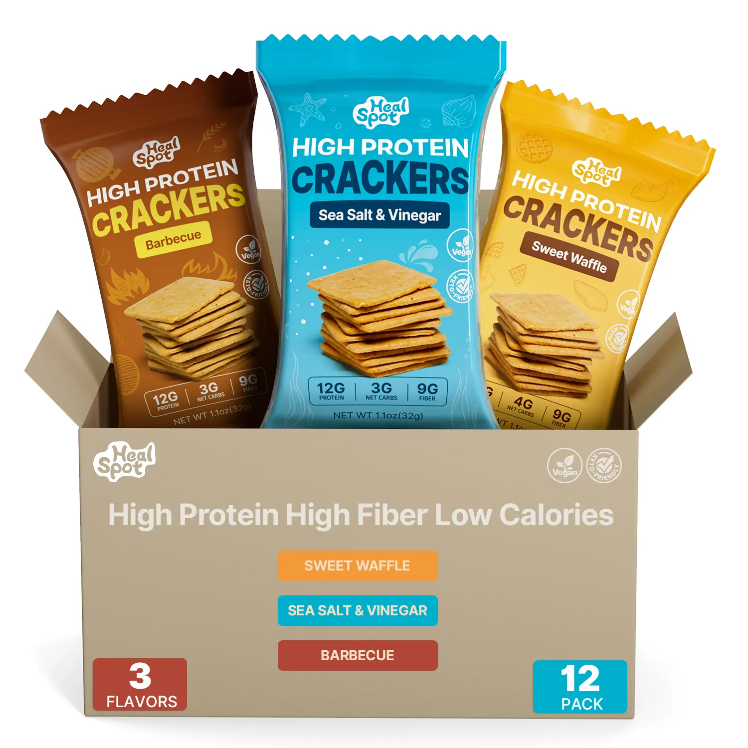 Healspot High Protein Crackers | 12g Protein, 9g Fiber | Low Carb Healthy Snack | 12 Variety Pack Healspot High Protein Crackers | 12g Protein, 9g Fiber | Low Carb Healthy Snack | 12 Variety Pack