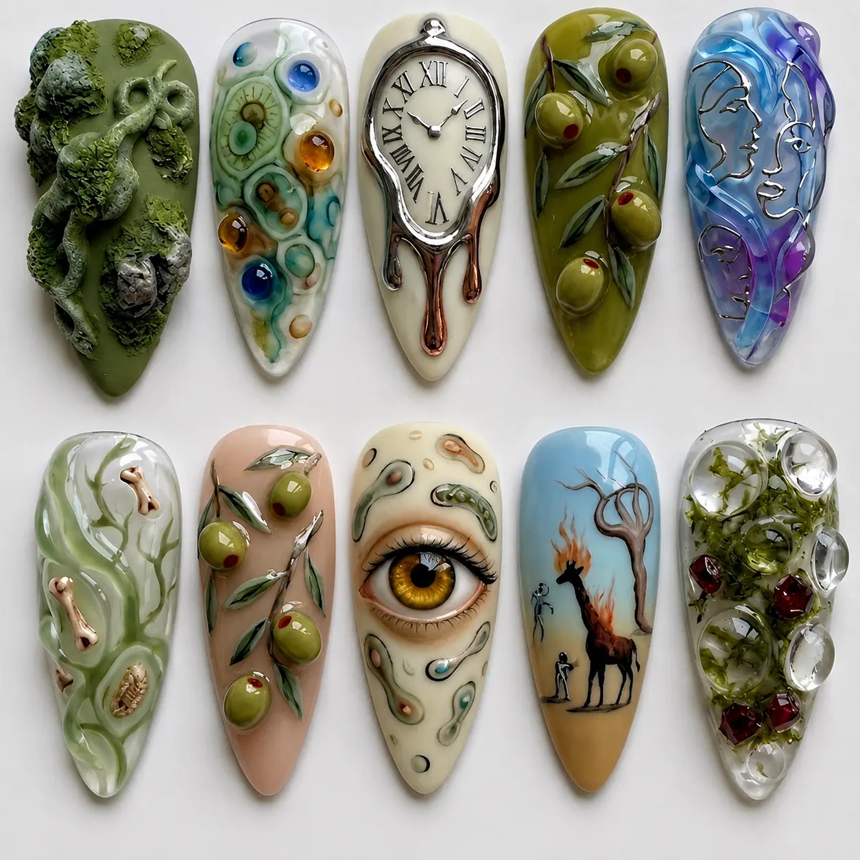 Surreal Art Press On Nails | Handmade 3D Abstract Sculpture Press On Nails | Olive Blue Fantasy Statement Fake Nails | Luxury Reusable Coffin Nail Set