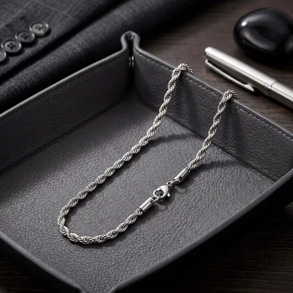 The "Dark Luxury" Rope Men's Silver Twisted Rope Chain - 3mm Stainless Steel Streetwear Necklace Gift   3（，）：