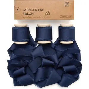 Silk Satin Ribbon 1 Inch x 15 Yard Wooden Spool Navy Blue Handmade Frayed Ribbon for  Wrapping  Shower Wedding Bridal Bouquets Holiday Decor 3 Rolls x 5 Yard