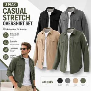 Men’s three-piece button shirt set: long-sleeve casual dress shirt, work shirt with pockets; suitable for office, business, casual wear, and everyday travel.