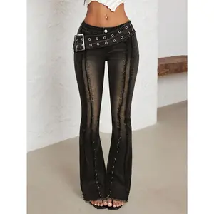 Women's Low Waist Flare Leg Jeans With Sun-Shaped Buckle And Eyelets, Black Denim Pants