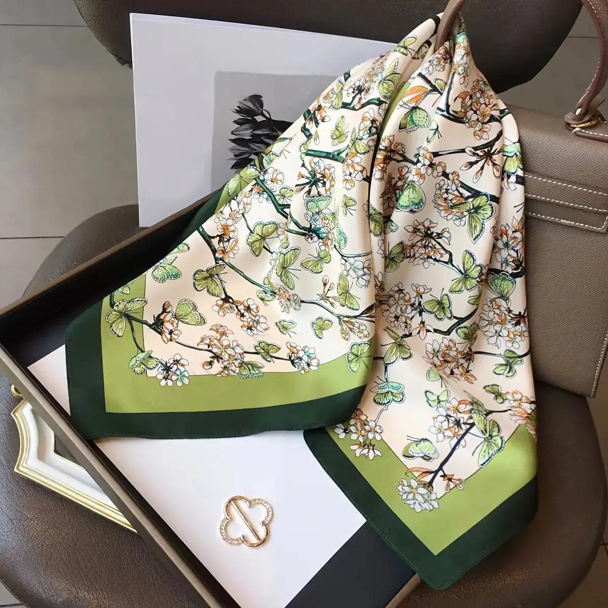 Floral Bandana Neckerchief for Female Casual Wear, Elegant Green and White Synthetic Scarf with Breathable Softness and Flower Patches, For Women, Neck Wrap, Bandana Head Wrap, Square Scarf