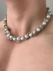 Men's Hip Hop Style Imitation Pearl Stainless Steel Necklace, Casual Street Fashion Jewelry, Unique Design for Daily Wear, Casual Trendy Jewelry, Necklace Chain, Cuban Chain Necklace