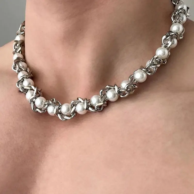 Men's Hip Hop Style Imitation Pearl Stainless Steel Necklace, Casual Street Fashion Cool Accessories Jewelry, Unique Design for Daily Wear, Casual Trendy Jewelry, Fashionable Accessory, Necklace Chain, Cuban Link Chain Necklace