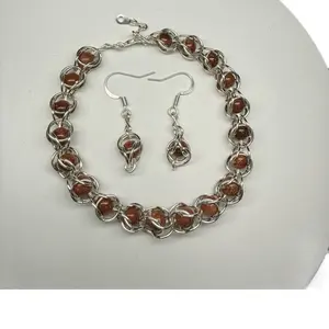 Sandstone Captured Bead Jewelry Set - Silver Chainmaille Bracelet & Earrings with Brown Beads