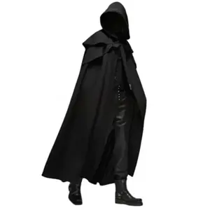 Ebb Supply Medieval Vintage Hooded Loose Black Cloak Coats Windproof Trench Chic Winter Long Cape Poncho Gothic Mens Monk Halloween Cosplay