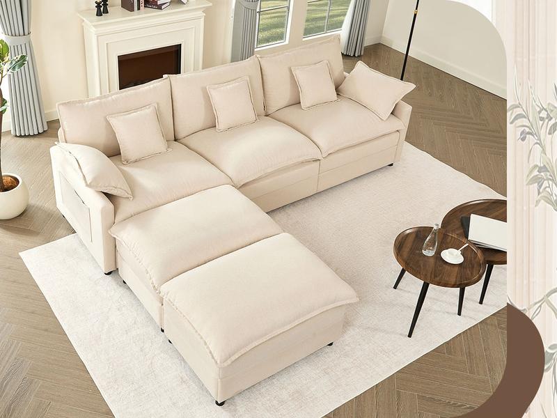 【2 Packages Shipping】GOSUHI 108" U-Shaped Modular Sectional Sofa - Comfy Cloud 3-Seater with 2 Movable Ottoman, TikTokShopBlackFriday,Deep Seat Linen Couch for Living Room, Beige Color ,Comfort & Stylish Design