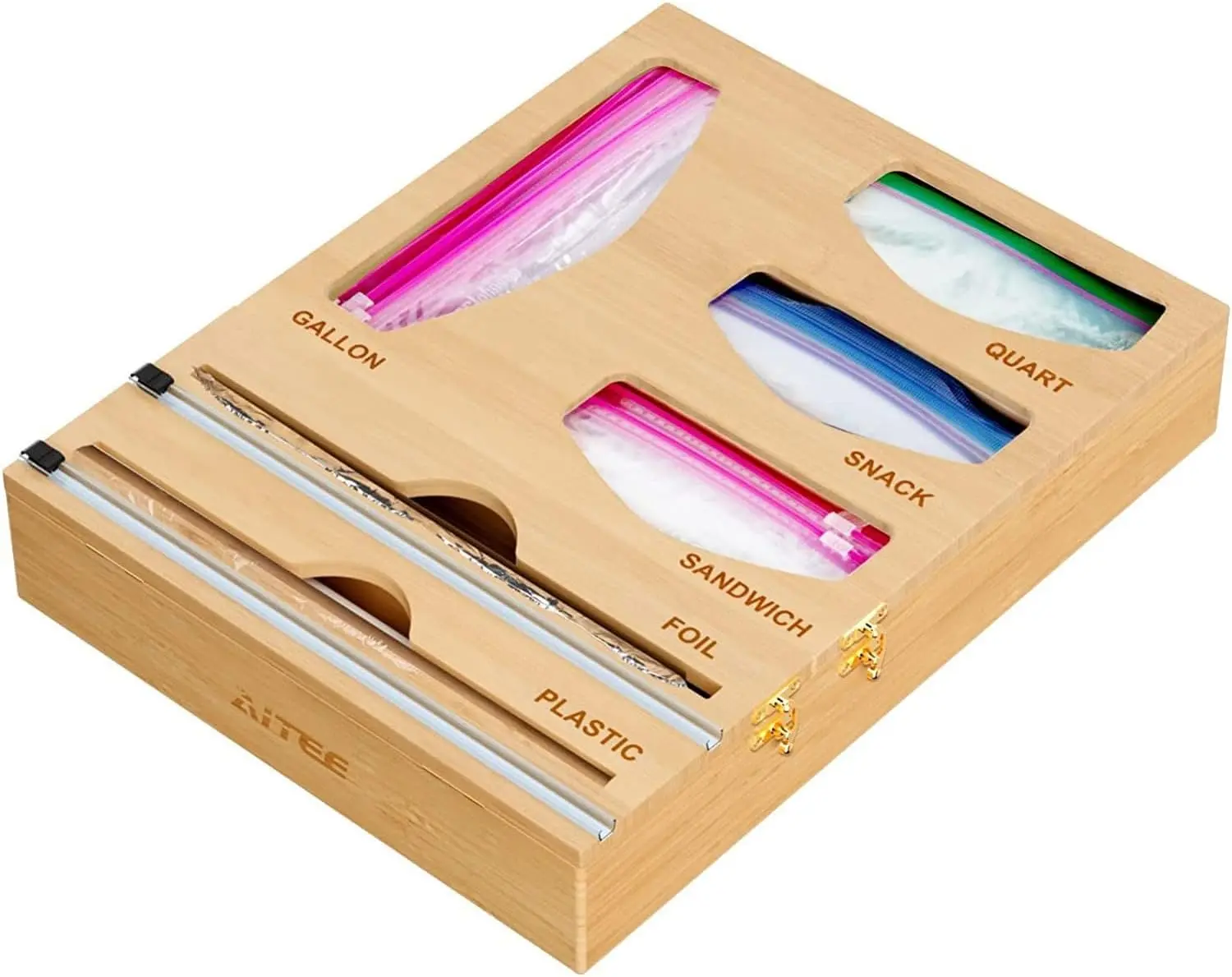 6-in-1 Kitchen Drawer Organizer - Foil and Plastic Wrap Dispenser with Cutter, Ziplock Bag Storage for Gallon, Quart, Sandwich, and Snack Sizes - Organized Bamboo Storage For Home and Kitchen Containers Utensils