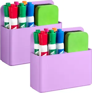 2 Pcs Magnetic Dry Erase Marker Holder for Whiteboard, Plastic Magnetic Pen Holder for Refrigerator Fridge, Magnet Pencil Cup for School Classroom, Locker Accessories,Pen Cup Organizer-Purple