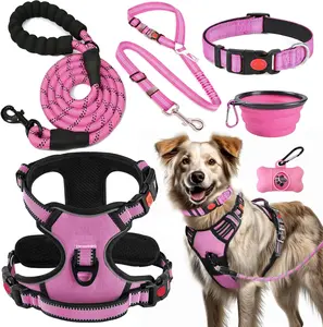 6Pcs No Pull Dog Harness Adjustable Collar & Leash Set - Dog Halter Harnesses Collapsible Bowls & Poop Bag Dispenser Fits Large Dogs (Pink) - Home Improvement.