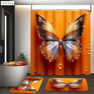1/3/4PCS Artistic Butterfly with Dew Drops on Orange Shower Curtain Set with Rugs, Non Slip Bath Mat, U-Shape Carpet, Toilet Lid Cover, Polyester Fabric Bathtub Curtain Accessories, 12 Hooks, Home Bathroom Festival Decor Home Goods