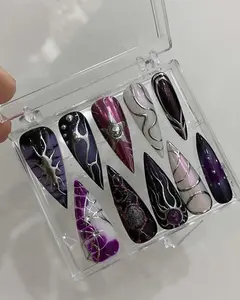 Chrome Mystical Purple Silver Art Inspired Freestyle Swirls Press on Nails, Hand-Drawn 3D Silver & Purple Galaxy Nail Art, Reusable Fake Nails