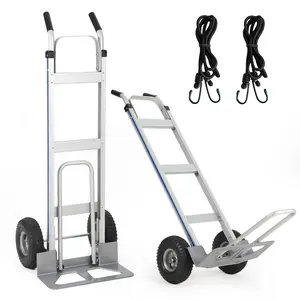 Garvee Durable Aluminum Hand Truck with 272 Kg Capacity, Foldable Platform with Extendable Base, 25 cm Pneumatic Wheels, Includes 2 Elastic Cords, Perfect for Warehouses and Heavy-Duty Use
