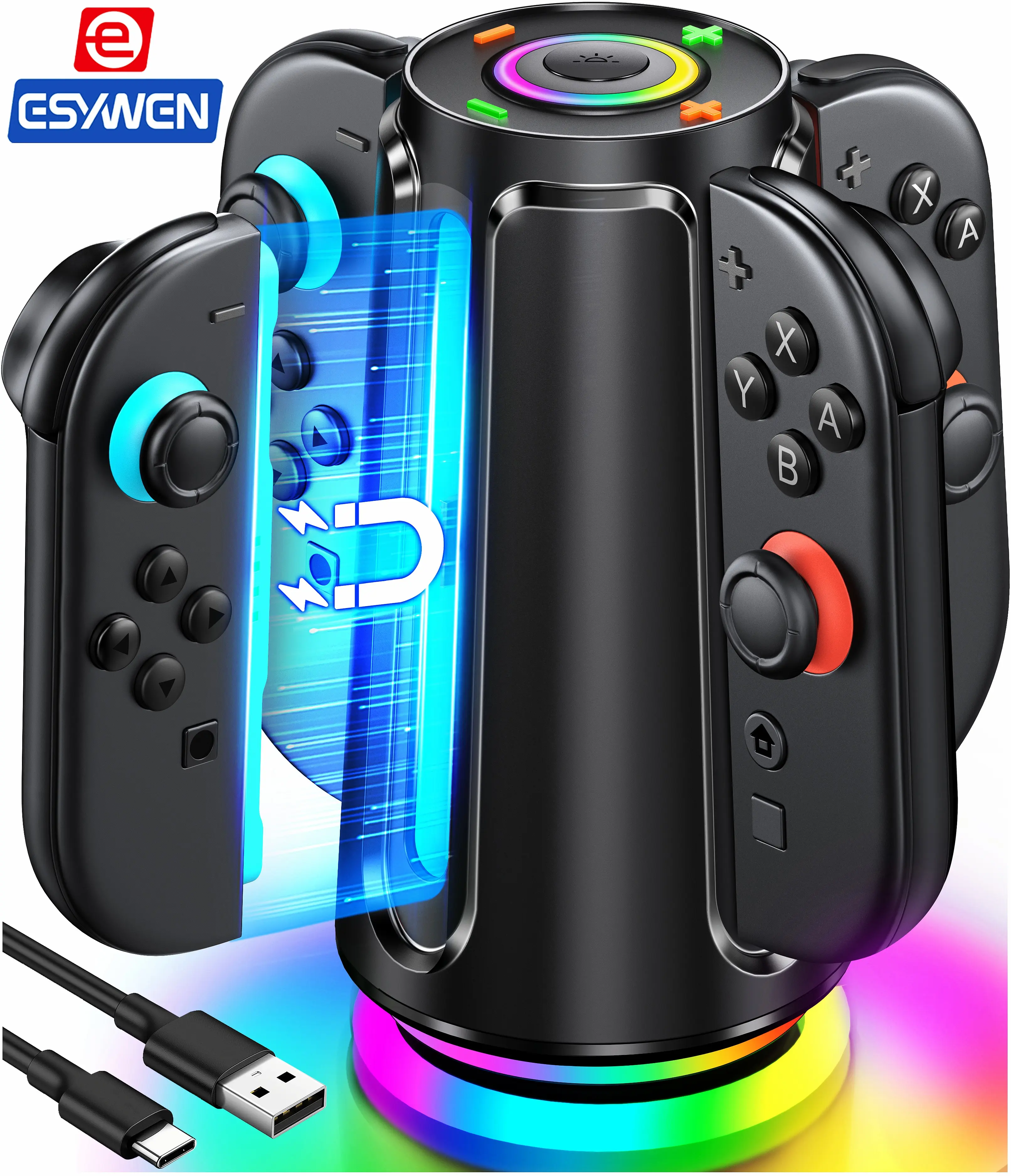 ESYWEN Switch 2 Charging Dock for Nintendo Controller Joy Con 2025 Mocagen Joy-Con 2 Charger Station with Dynamic Light Magnetic Mount for 4 in 1 Accessories Sega Genesis Compatible