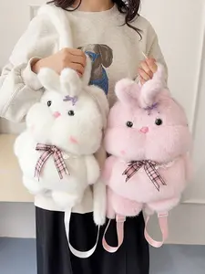 Cute Bunny Plush Backpack, / Dual Color Soft Skin-Friendly Short Fur Bag, Grid Bowknot Decor, Student Schoolbag