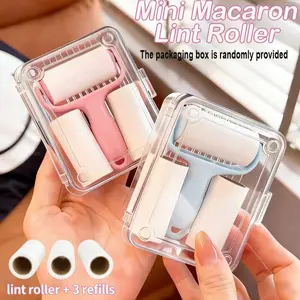 New Portable Mini Lint Roller Travel Set Hair Remover — Includes 1 Reusable Handle + 3 Refill Rolls. Features a strong-grip roller with tear-off adhesive sheets, designed to effectively remove pet hair from clothing, carpets, and car seats.