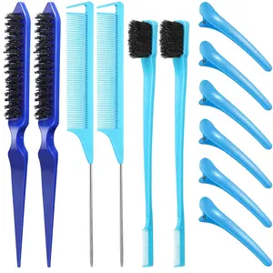 Hair Brush Set, 12 Pieces Nylon Brushes for Women & Girls - Including 3 Row Salon Teasing Brush, Double Sided Hair Edge Brush, Smooth Comb Grooming, Rat Tail Combs & Duckbill Clips - Blue
