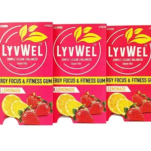 H&Go LYVBETTER 3 PACK Pink Lemonade Caffeine Chewing Gum 80mg per Piece 24 Pieces Total Snack Cake Dessert Xylitol Sour